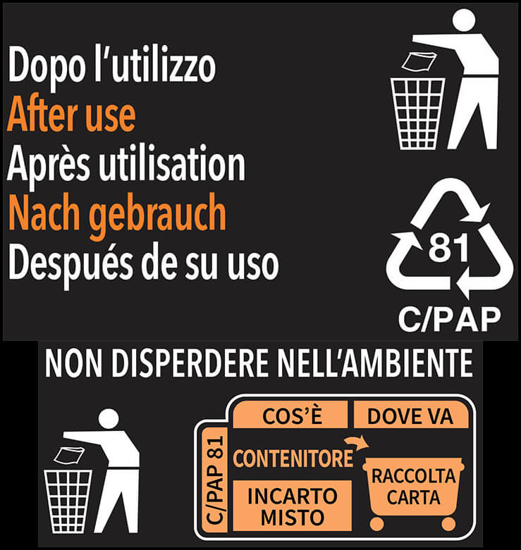 Contenitori neri in CARTONCINO+PET (CA+PET) Compac - smaltimento dopo l'uso e raccolta nella carta Contenitori neri in CARTONCINO+PET (CA+PET) Compac - smaltimento dopo l'uso e raccolta nella carta